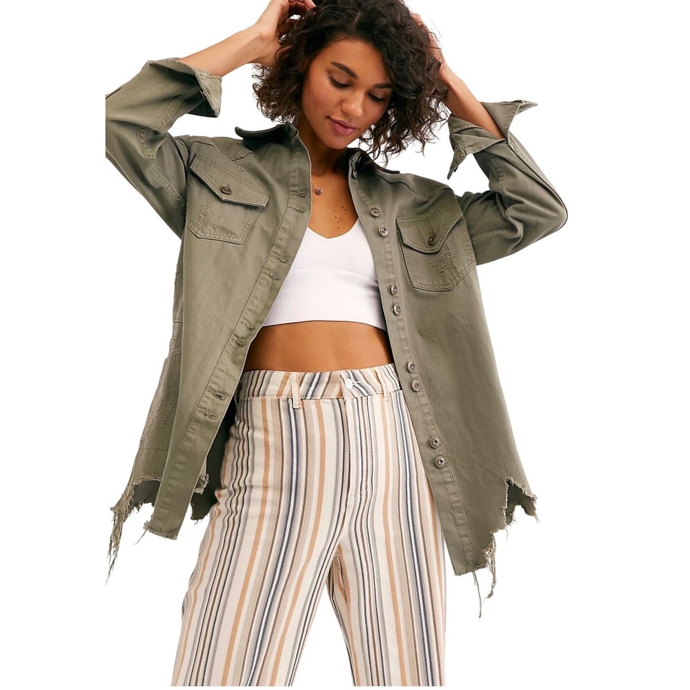 Free People Olive Distressed Utility Jacket Frayed Cotton Women's Size S